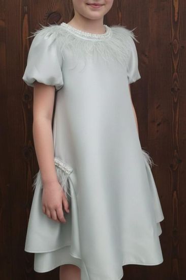 صورة فستان اخظر فاتح بالريش والؤلؤ على العنق والجوانب